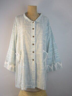 Cupcake International Women L Blue White Leaf Print Relaxed Cotton Tunic Shirt